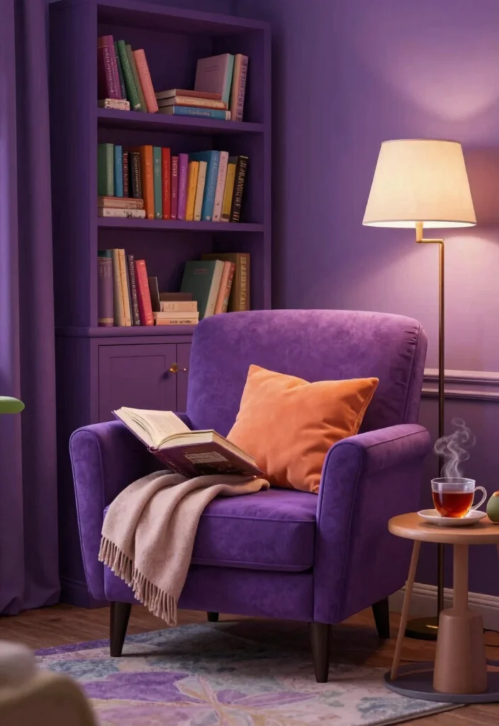 12 Purple Living Room Ideas with Bold Personality 62 12 Purple Living Room Ideas with Bold Personality 12. Cozy Reading Nook 0