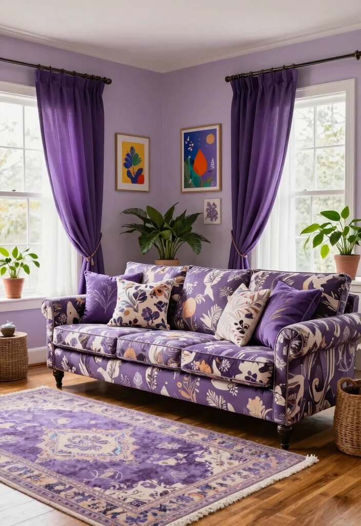 12 Purple Living Room Ideas with Bold Personality 13 12 Purple Living Room Ideas with Bold Personality 3. Playful Purple Patterns 0