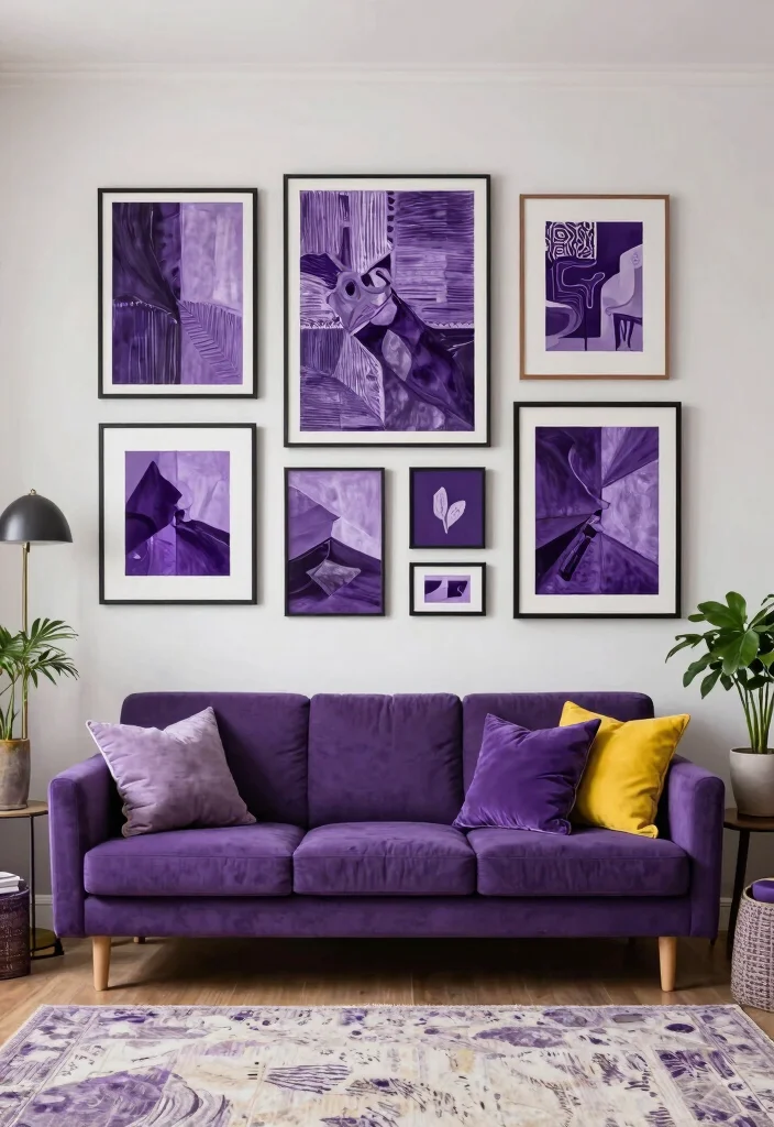 12 Purple Living Room Ideas with Bold Personality 25 12 Purple Living Room Ideas with Bold Personality 5. Eclectic Art Displays 0
