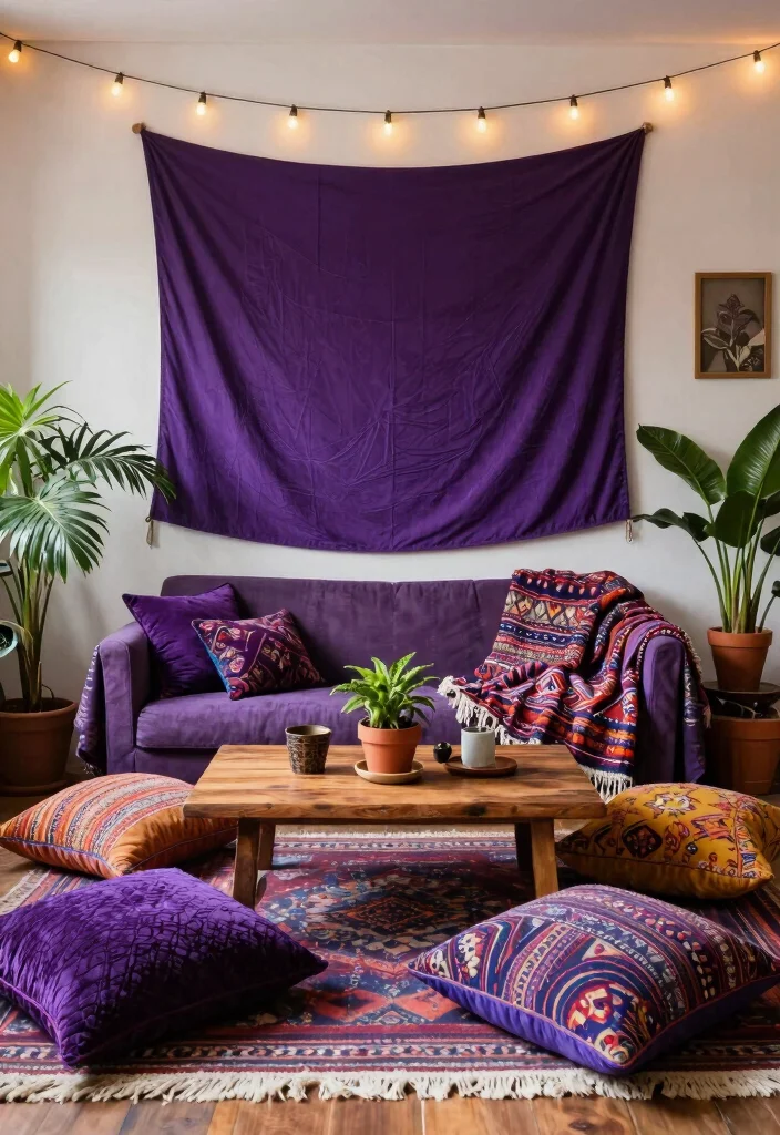 12 Purple Living Room Ideas with Bold Personality 27 12 Purple Living Room Ideas with Bold Personality 7. Bold Bohemian Flair 0
