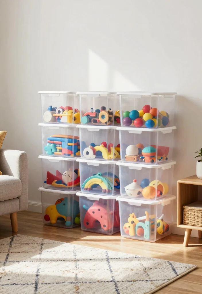 12 Toy Storage Ideas for Living Rooms That Stay Tidy 11. Clear Storage Bins 0