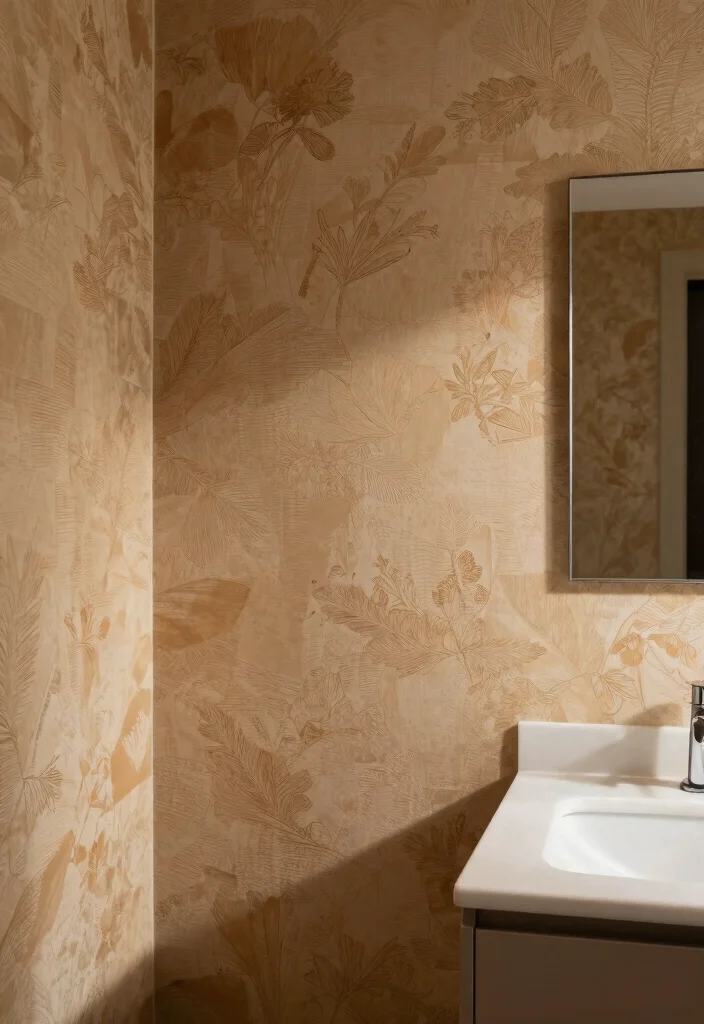 14 Earthy Bathroom Ideas with Natural Textures and Warm Tones 38 14 Earthy Bathroom Ideas with Natural Textures and Warm Tones 8. Textured Wallpaper 0