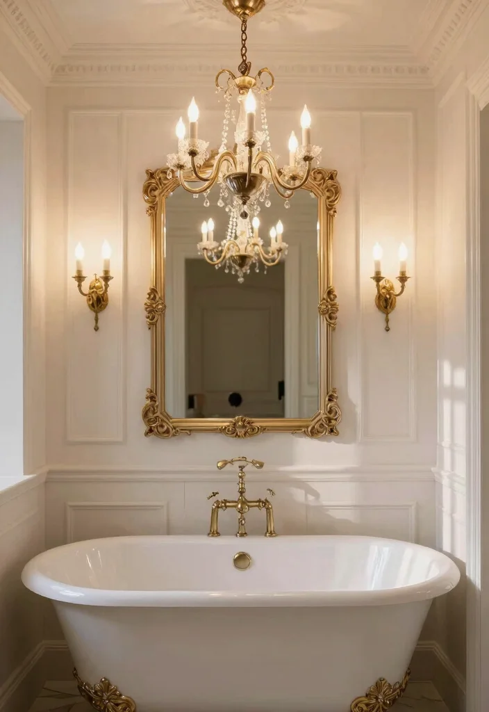 14 Elegant Bathroom Ideas That Feel Timeless and Refined 3. Vintage Inspired Lighting 0