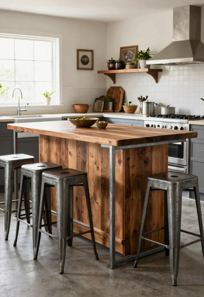 14 Kitchen Island Ideas with Seating Everyone Loves 16 14 Kitchen Island Ideas with Seating Everyone Loves 6. Rustic Metal and Wood Island 0