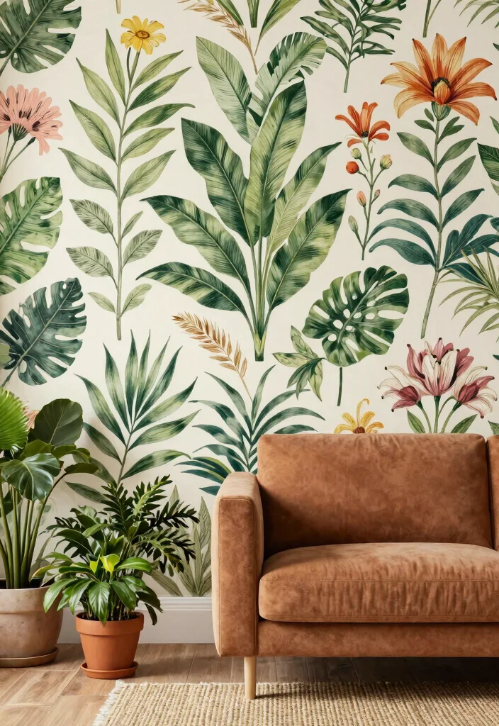 14 Living Room Wallpaper Ideas That Make a Statement 1. Bold Botanical Prints 0