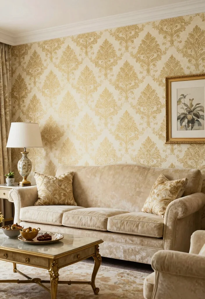 14 Living Room Wallpaper Ideas That Make a Statement 10. Classic Damask Patterns 0