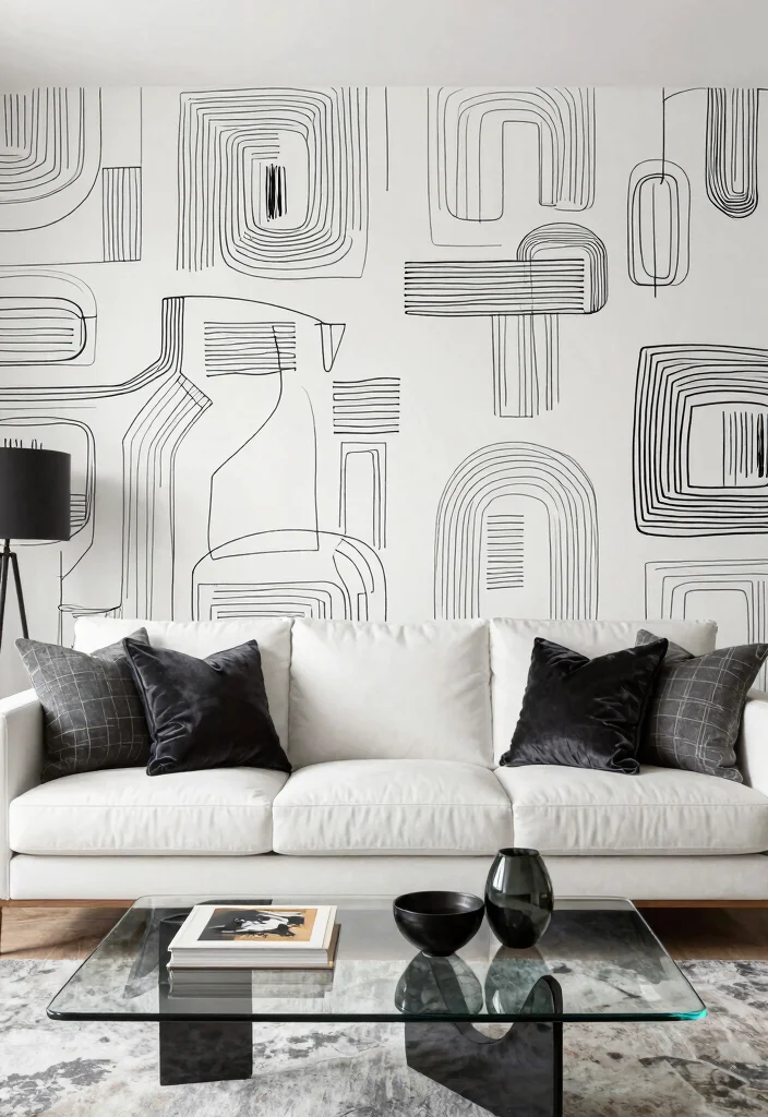 14 Living Room Wallpaper Ideas That Make a Statement 11. Graphic Line Art 0