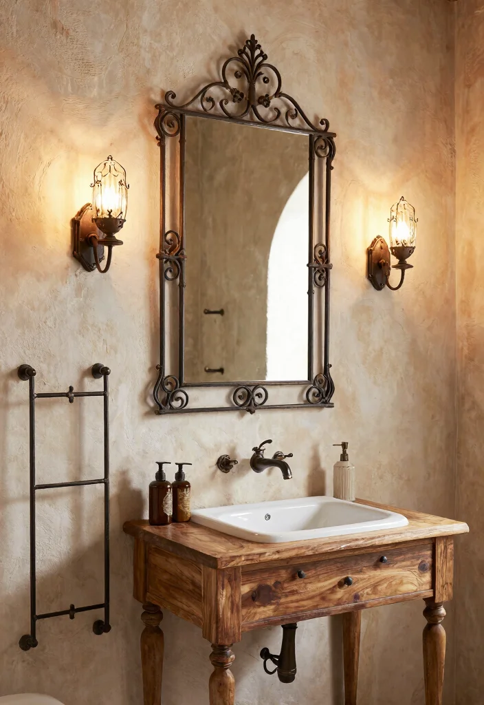 14 Mediterranean Bathroom Design Ideas with Old World Charm 7. Wrought Iron Elements 0